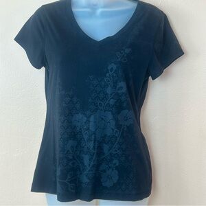 Tek Gear Black Gray Floral Print V Neck T-Shirt Women M Activewear